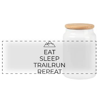 Conception de maillots de trail - Manger - Dormir - Trail Run - Boîte à biscuits avec couvercle en bois - blanc - Devant