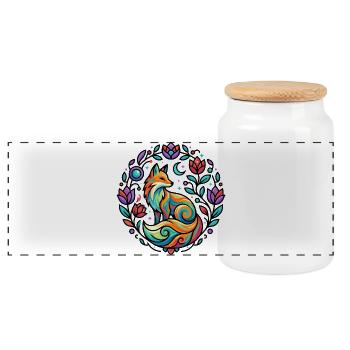 Stylish Fox Moon Roses Vines Stars Mandala - Panoramic Cookie Jar with Wooden Lid - white - Front