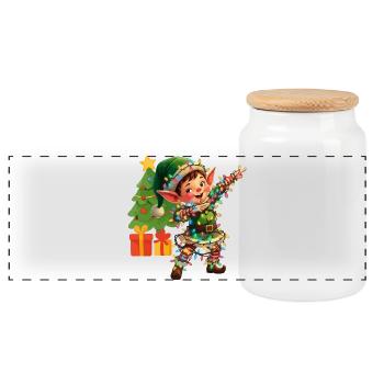 Dabbing Elf Fairy Lights Christmas Dancing - Panoramic Cookie Jar with Wooden Lid - white - Front