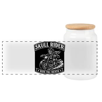 Skull Rider Biker Shirt – Vintage Motorcycle Design - Panoramic Cookie Jar with Wooden Lid - white - Front