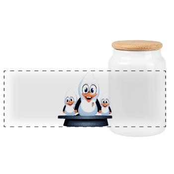 Penguin Family Trio Cartoon - Panoramic Cookie Jar with Wooden Lid - white - Front