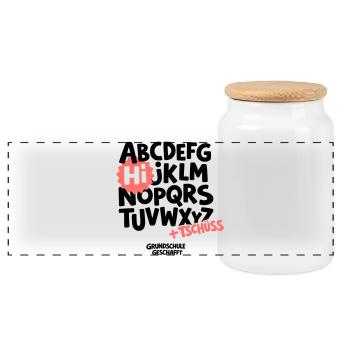 Grundschule Abschluss Shirt ABC - Panorama Keksdose mit Holzdeckel - Weiß - Vorne
