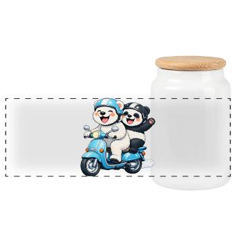 Polar Bear and Panda Bear on a Scooter - Panoramic Cookie Jar with Wooden Lid - white - Front