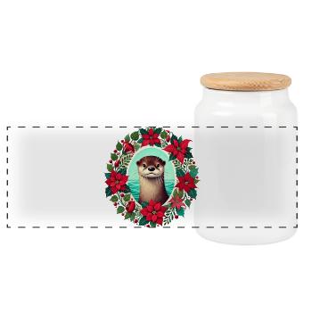 Otter im festlichen Weihnachtsstern-Kranz - Panorama Keksdose mit Holzdeckel - Weiß - Vorne