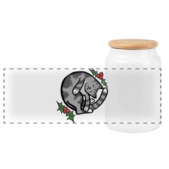 Cozy Sleepy Cat with Holly - Panoramic Cookie Jar with Wooden Lid - white - Front