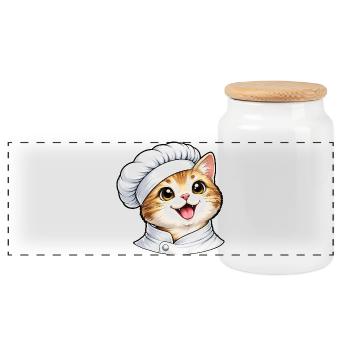 Cute Cat Chef Cartoon Motif - Panoramic Cookie Jar with Wooden Lid - white - Front