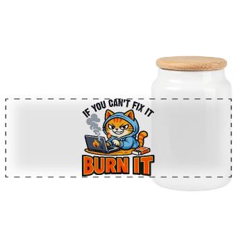 Informatiker Katze Burn It - Lustiger Spruch - Panorama Keksdose mit Holzdeckel - Weiß - Vorne