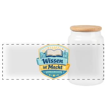 Wissen ist Macht Badge - Panorama Keksdose mit Holzdeckel - Weiß - Vorne