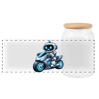 Roboter auf Motorrad - Panorama Keksdose mit Holzdeckel - Weiß - Vorne