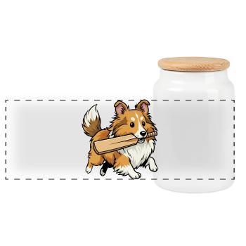 Shetland Sheepdog Dog With Cricket Bat - Panoramic Cookie Jar with Wooden Lid - white - Front