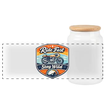 Ride Fast Stay Wild Motorrad Badge - Panorama Keksdose mit Holzdeckel - Weiß - Vorne