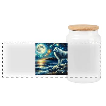 Arctic Wolf Starry Night - Panoramic Cookie Jar with Wooden Lid - white - Front