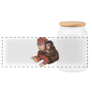 Cute Monkey with Supoort Animal Plush Toy - Panoramic Cookie Jar with Wooden Lid - white - Front