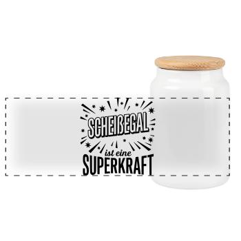 Scheissegal Superkraft - Lustiger Spruch Slogan - Panorama Keksdose mit Holzdeckel - Weiß - Vorne