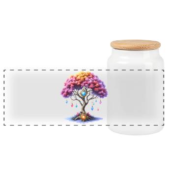 Tree of Gems and Colorful Flowers - Panoramic Cookie Jar with Wooden Lid - white - Front