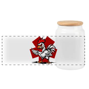 Cartoon rooster on red background - Panoramic Cookie Jar with Wooden Lid - white - Front