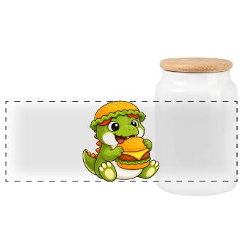 Cute T-Rex Cartoon Dino Burger Fast Food Reptile - Panoramic Cookie Jar with Wooden Lid - white - Front