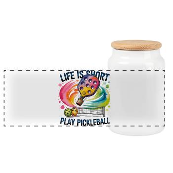 Life ist kurz: Pickleball Farbfeuer - Panorama Keksdose mit Holzdeckel - Weiß - Vorne