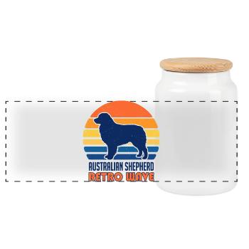 Retro Wave Aussie: Vintage Australian Shepherd - Panoramic Cookie Jar with Wooden Lid - white - Front