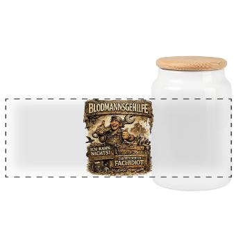 Assistant to the Certified Fool „BLÖDMANNSGEHILFE“ - Panoramic Cookie Jar with Wooden Lid - white - Front
