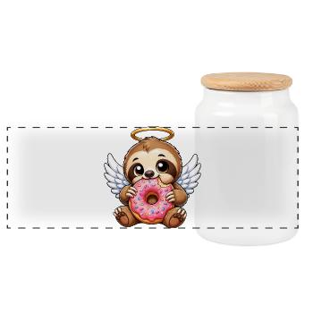 Cute sloths with wings angel halo - Panoramic Cookie Jar with Wooden Lid - white - Front