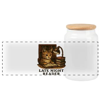 Night Reading: Cat at the Reading Table - Panoramic Cookie Jar with Wooden Lid - white - Front