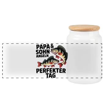 Papa und Sohn angeln zusammen - Panorama Keksdose mit Holzdeckel - Weiß - Vorne