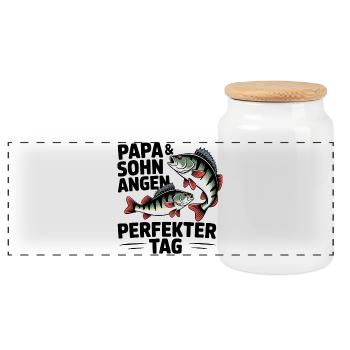 Papa und Sohn angeln zusammen - Panorama Keksdose mit Holzdeckel - Weiß - Vorne