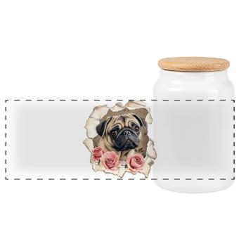Mops mit Rosen - Panorama Keksdose mit Holzdeckel - Weiß - Vorne