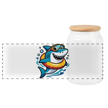 Cheerful diving shark with swimming ring - Panoramic Cookie Jar with Wooden Lid - white - Front