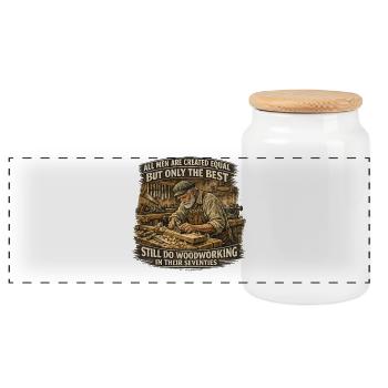 Woodworking In Their Seventies Carpenter Saying - Panoramic Cookie Jar with Wooden Lid - white - Front