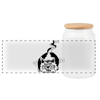 funny cat spotted black and white - Panoramic Cookie Jar with Wooden Lid - white - Front