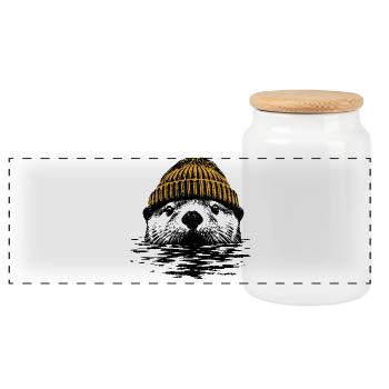 Otter Yellow Hat - Panoramic Cookie Jar with Wooden Lid - white - Front