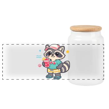 Raccoon on the beach with drink - Panoramic Cookie Jar with Wooden Lid - white - Front