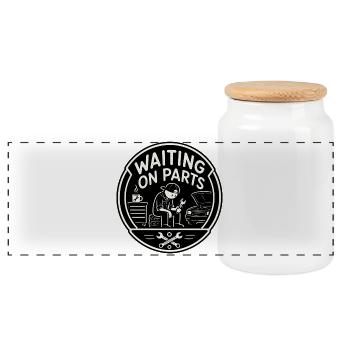 Waiting On Parts - Schrauber Werkstatt Humor - Panoramic Cookie Jar with Wooden Lid - white - Front