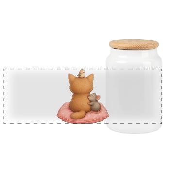 Katze, Maus und Vogel auf Herzkissen Katzenmotiv - Panorama Keksdose mit Holzdeckel - Weiß - Vorne
