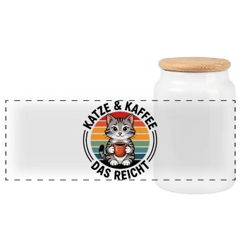 Katze Kaffee - Panorama Keksdose mit Holzdeckel - Weiß - Vorne