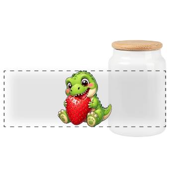 Dino T-Rex avec dessin animé d’été à la fraise - Boîte à biscuits avec couvercle en bois - blanc - Devant