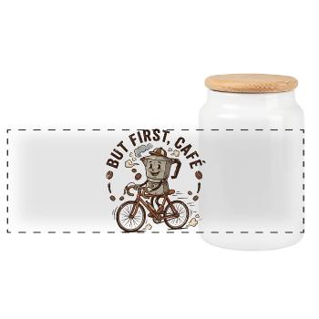 Coffee First on Bike - Panoramic Cookie Jar with Wooden Lid - white - Front