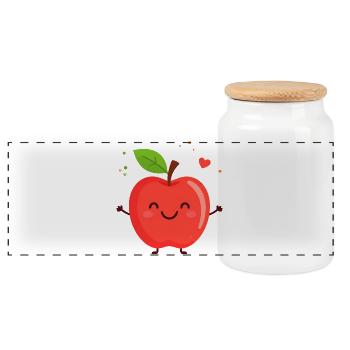 Happy apple illustration - Panoramic Cookie Jar with Wooden Lid - white - Front