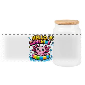 Axolotl Sunshine Kawaii in Swim Ring - Panoramic Cookie Jar with Wooden Lid - white - Front