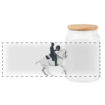 working equitation rider on white horse - Panoramic Cookie Jar with Wooden Lid - white - Front