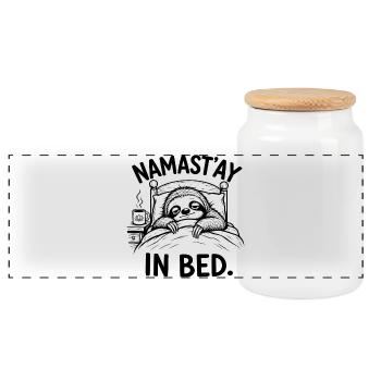 Namast'ay in Bed – Tired Sloth | Fun Yoga - Panoramic Cookie Jar with Wooden Lid - white - Front