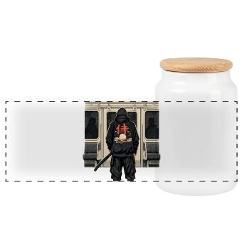U-Bahn Ninja mit rotem Kanji - Panorama Keksdose mit Holzdeckel - Weiß - Vorne
