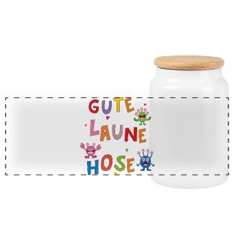 Gute Laune Hose  - Panorama Keksdose mit Holzdeckel - Weiß - Vorne