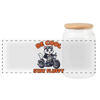 Katzen-Motorrad: Be Cool Stay Fluffy - Panorama Keksdose mit Holzdeckel - Weiß - Vorne