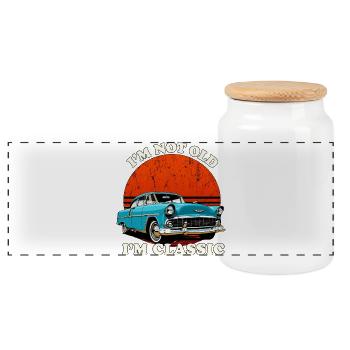 Nicht alt, ich bin ein Oldtimer - Panorama Keksdose mit Holzdeckel - Weiß - Vorne