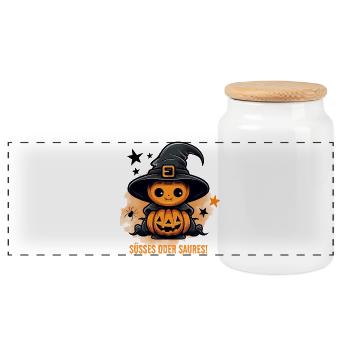 Süßes Oder Saures Halloween Kürbis Geschenk - Panorama Keksdose mit Holzdeckel - Weiß - Vorne
