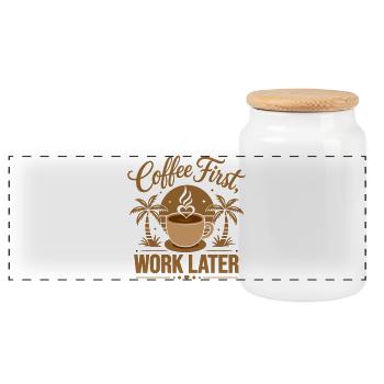 Erst Kaffee, dann Arbeit. Angetrieben von Koffein-Vibes - Panorama Keksdose mit Holzdeckel - Weiß - Vorne