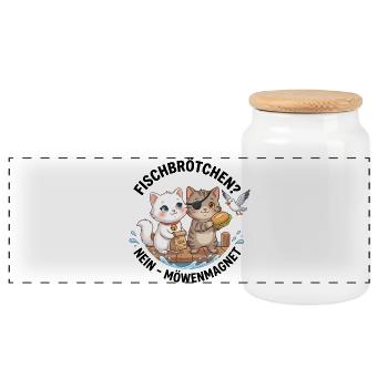 Katzen Fischbrötchen Möwenmagnet - Panorama Keksdose mit Holzdeckel - Weiß - Vorne